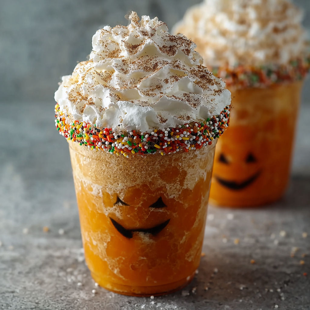 A close-up of a pumpkin-flavored drink with a smiley face made from whipped cream and candy.
