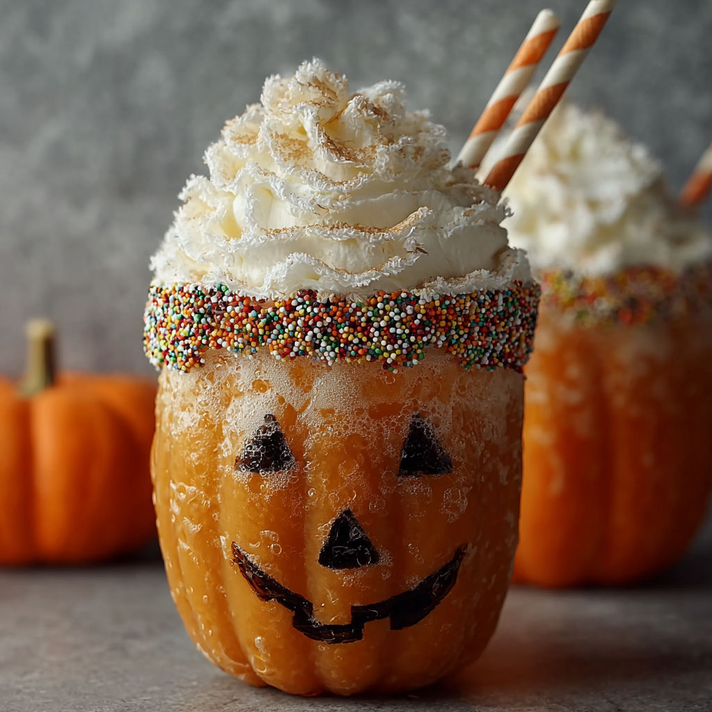 A pumpkin with a face drawn on it and a straw sticking out of it.
