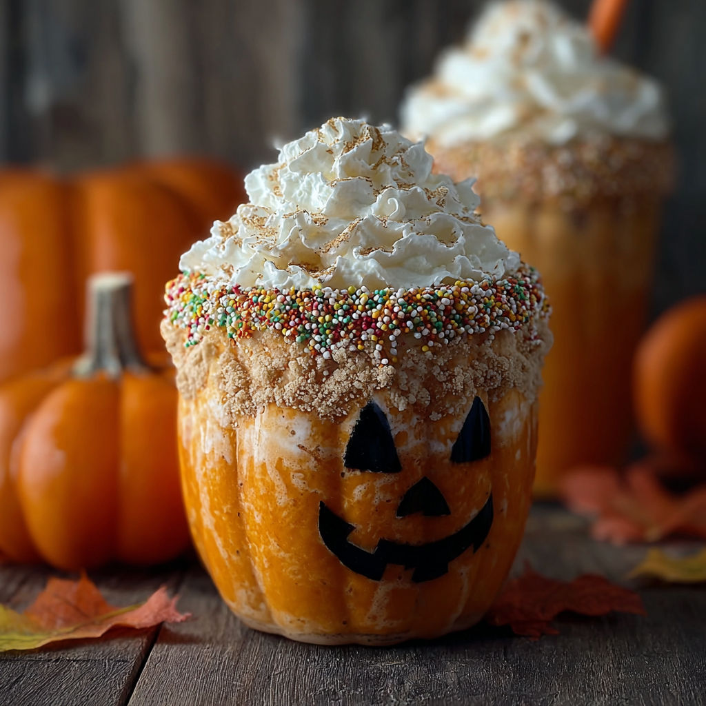 A cup of pumpkin spice with a candy pumpkin face on top.