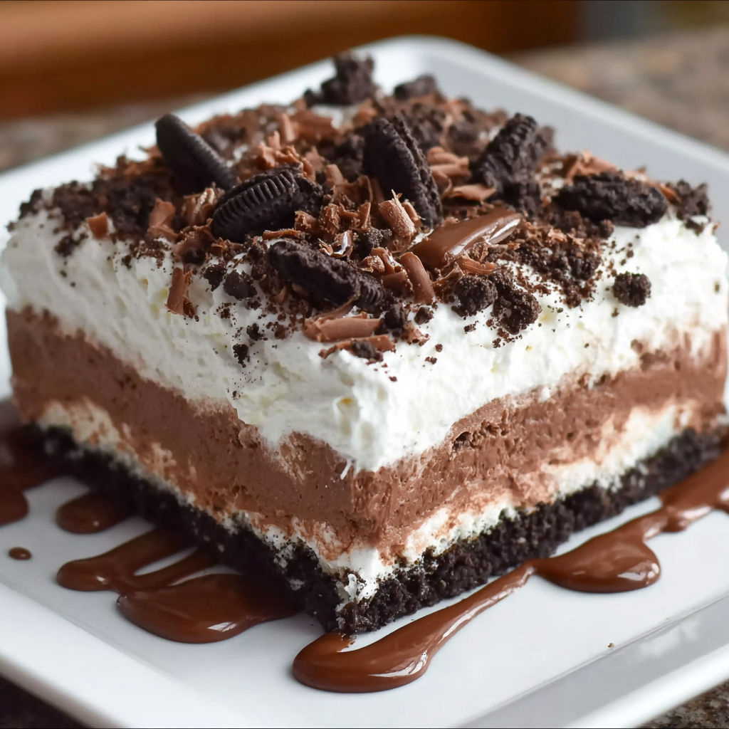 A slice of chocolate lasagna with white whipped cream on top.