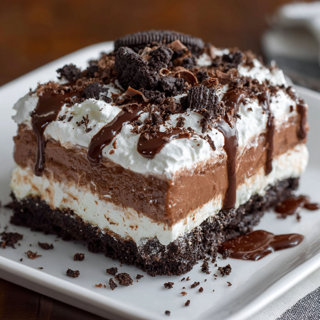 A slice of chocolate cake with white icing and chocolate drizzle, topped with Oreo cookies.