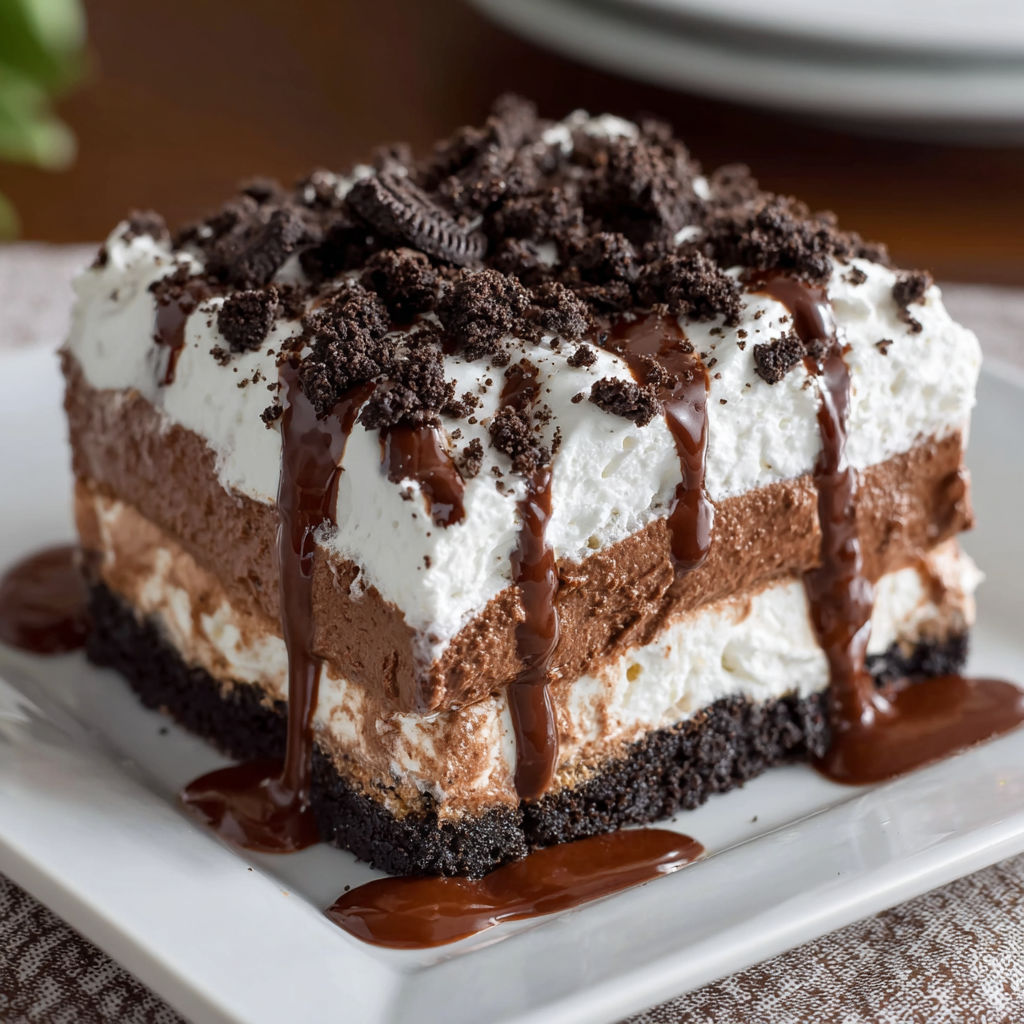 A slice of chocolate cake with white icing and chocolate drizzle.
