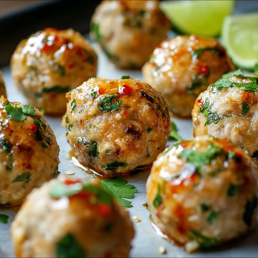 A plate of Thai Baked Chicken Meatballs with sauce drizzled over them.