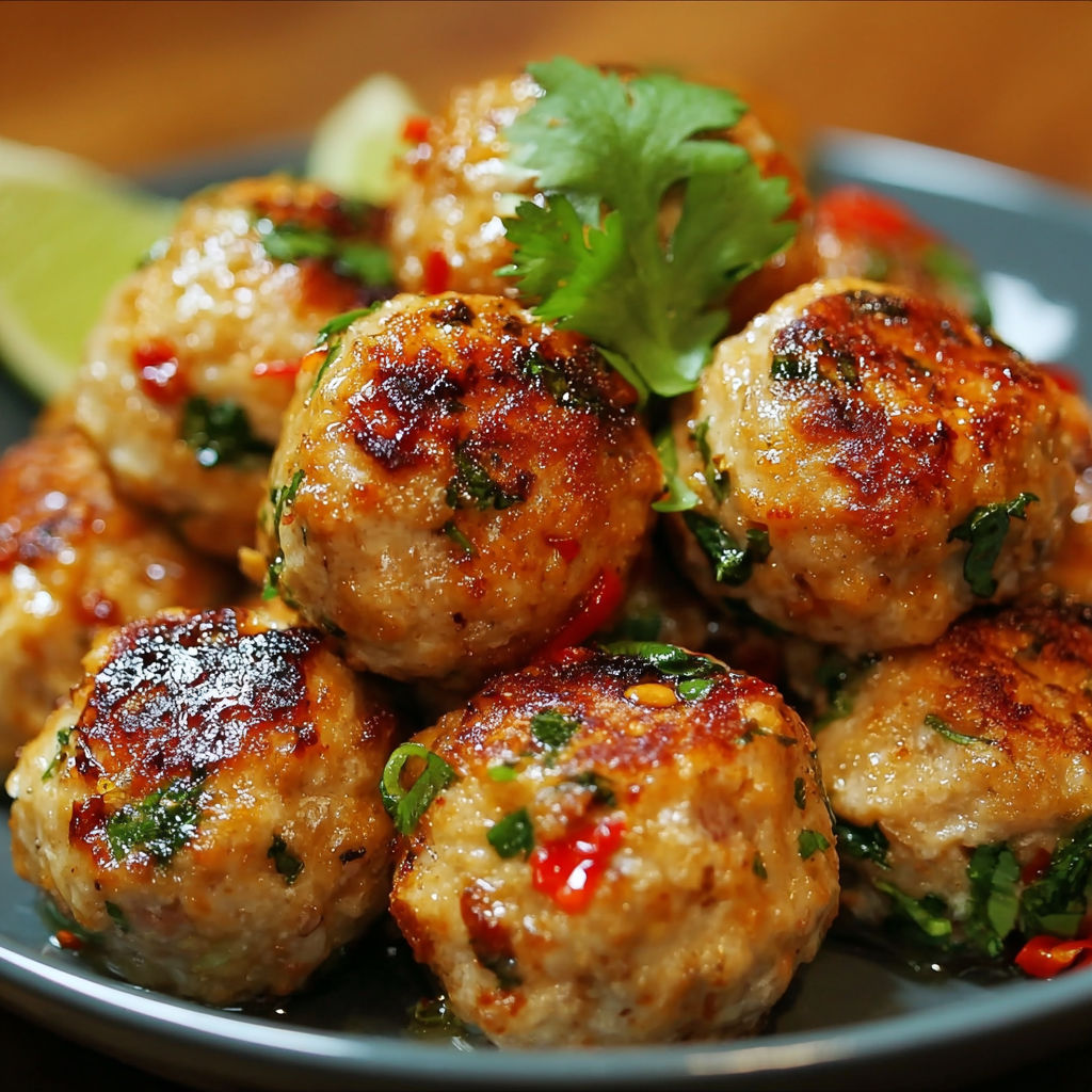 A plate of Thai Baked Chicken Meatballs with a garnish of cilantro and lime.