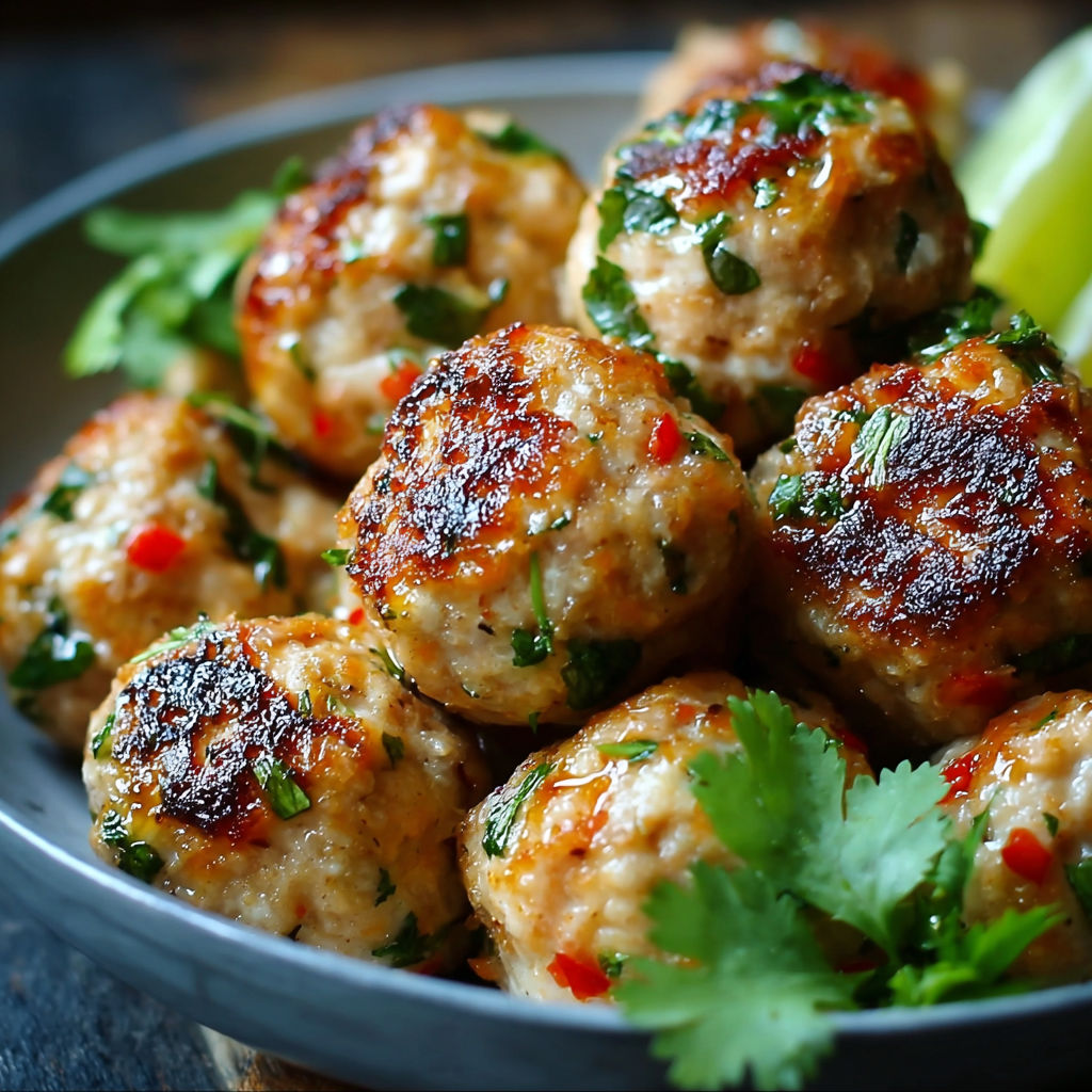 A plate of Thai Baked Chicken Meatballs with a side of cilantro.