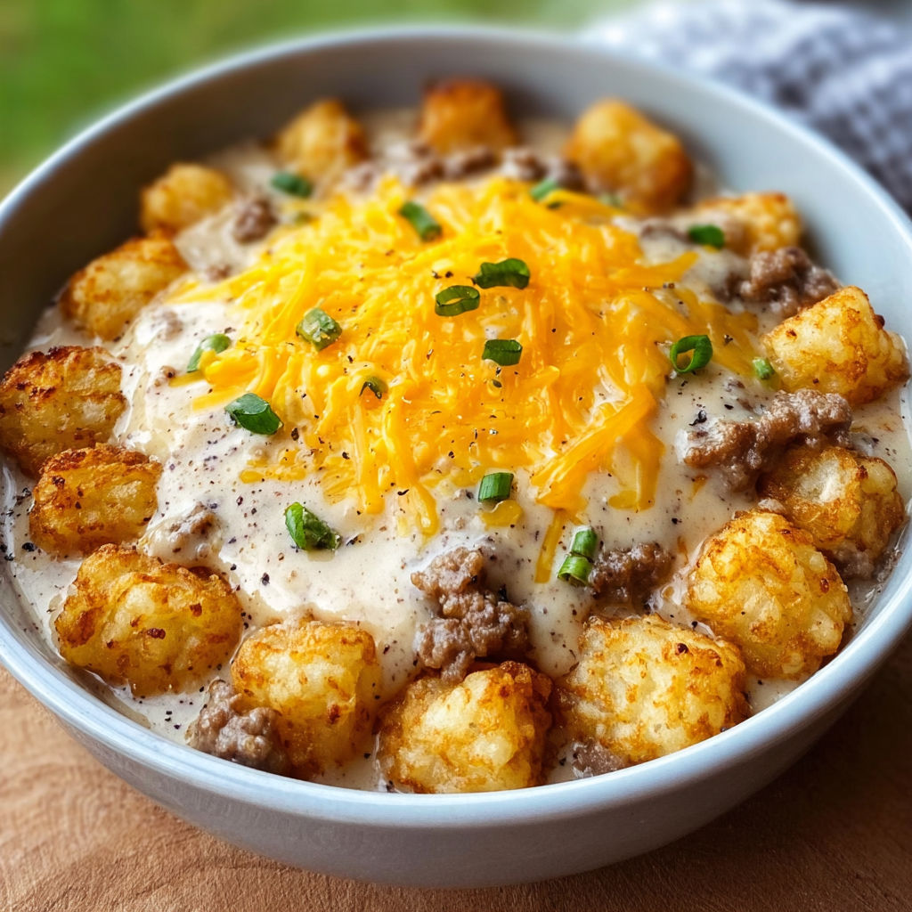 A bowl of tater tots with cheese and sausage gravy.