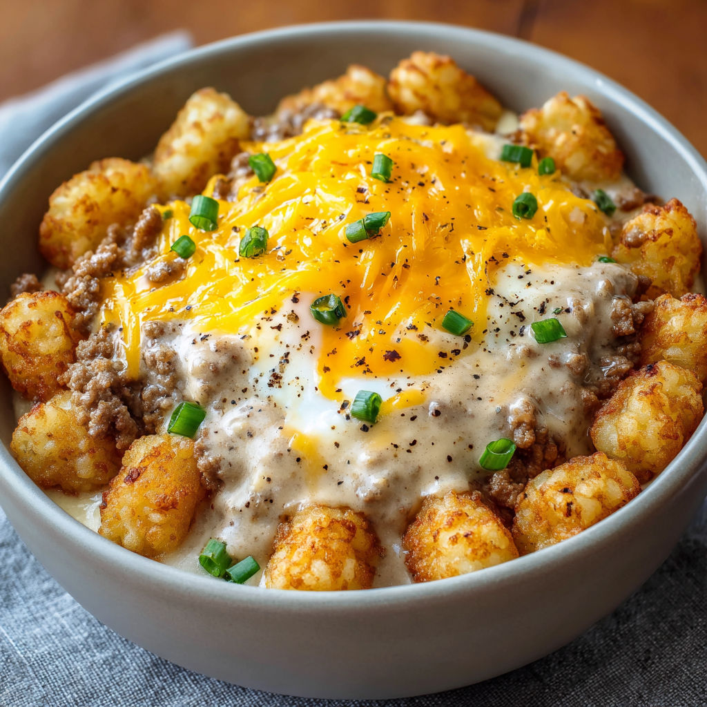 A bowl of delicious food, including tater tots, cheese, and an egg, is presented on a table.