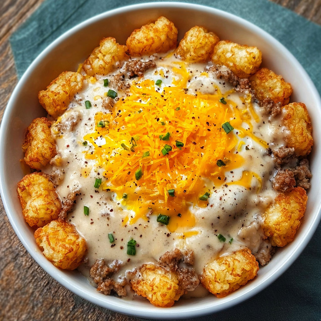 A bowl of tater tot hotdish with cheese and bacon bits.
