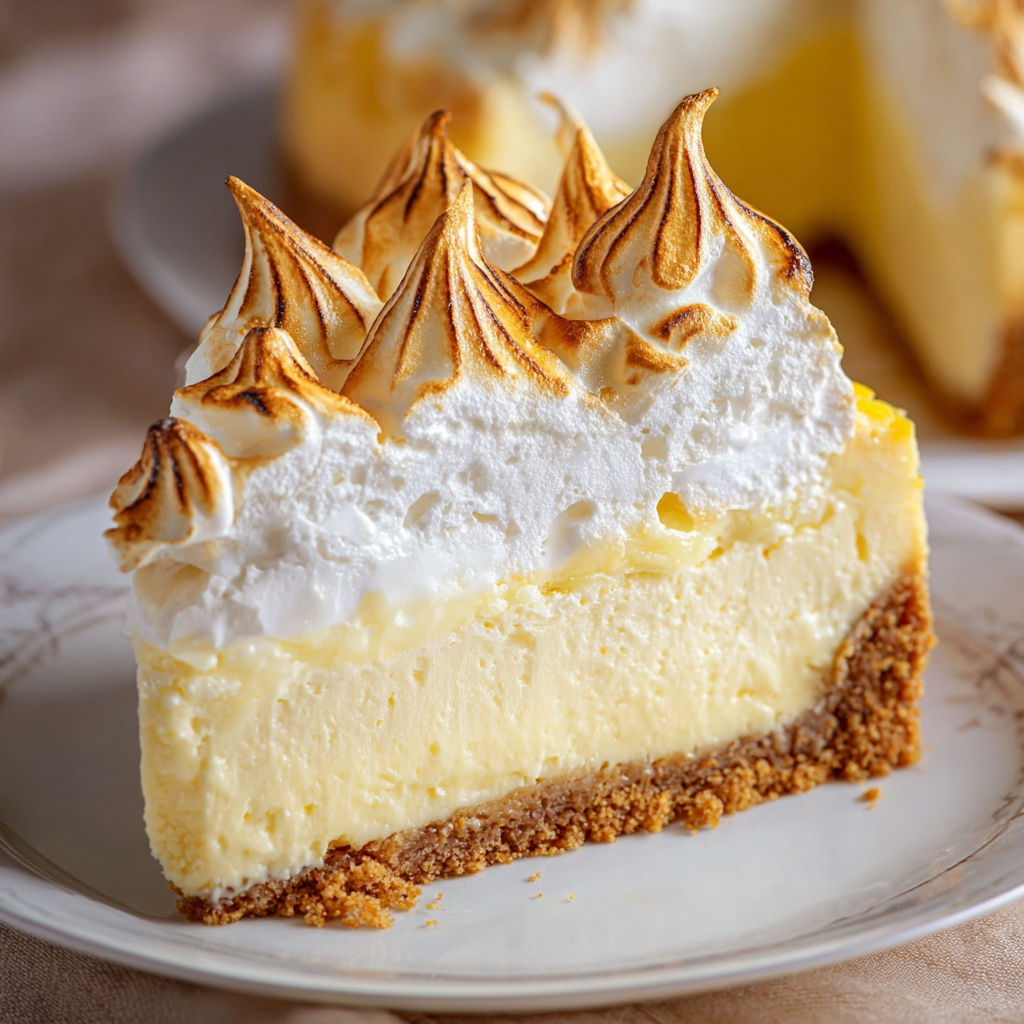 A slice of Lemon Meringue Cheesecake with a white plate underneath.