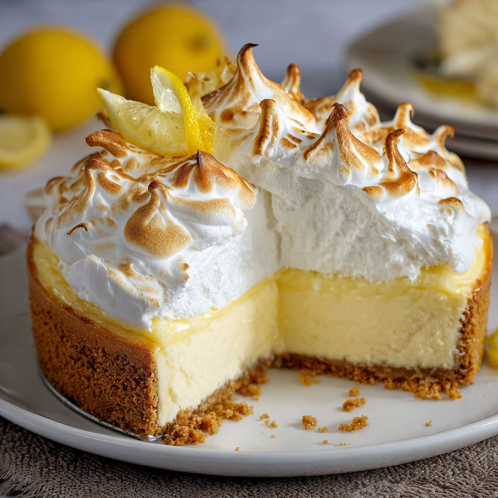 A slice of Lemon Meringue Cheesecake is served on a plate.