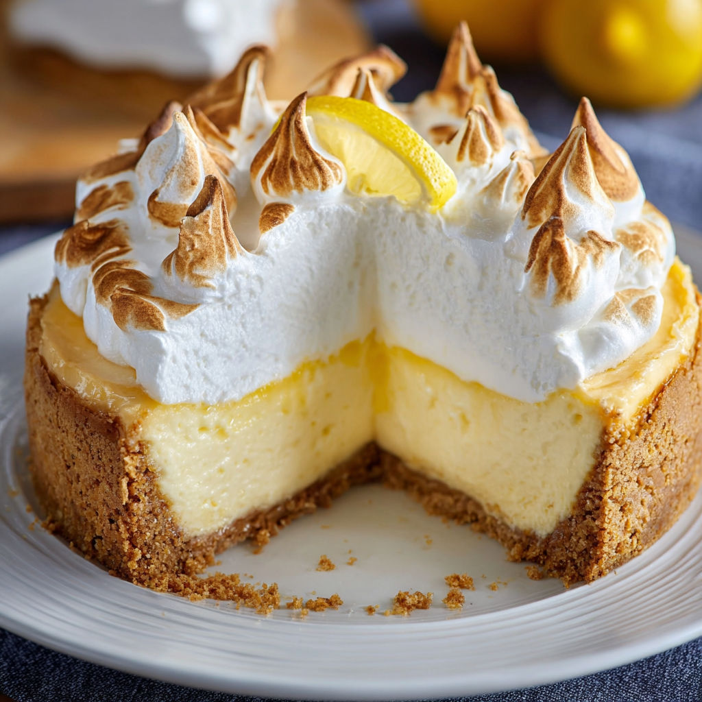 A slice of lemon meringue cheesecake with a lemon wedge on top.