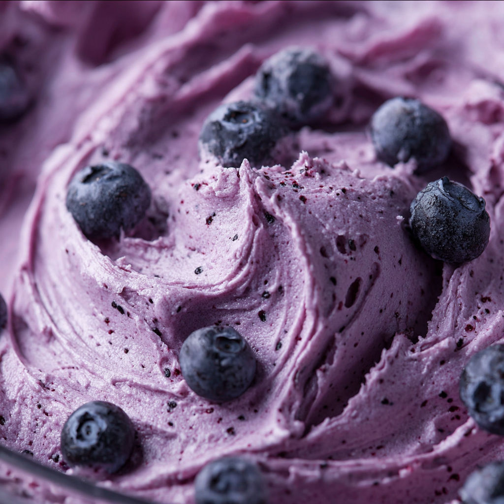 A close up of a delicious blueberry cream cheese frosting.