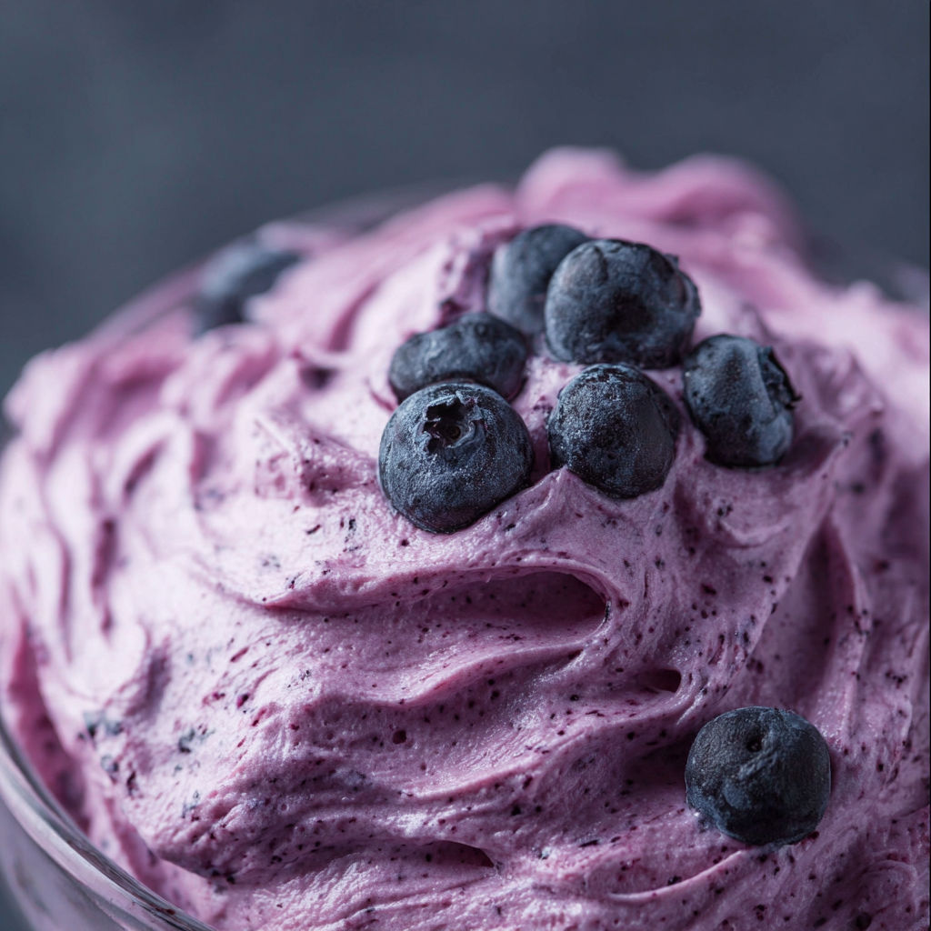 A purple dessert with blueberries on top.