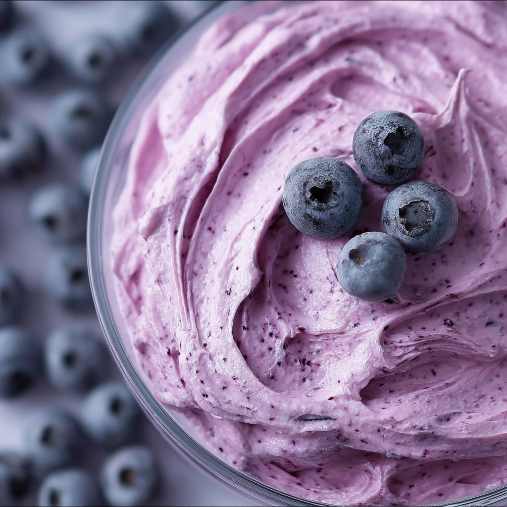 A bowl of purple cream with blueberries on top.