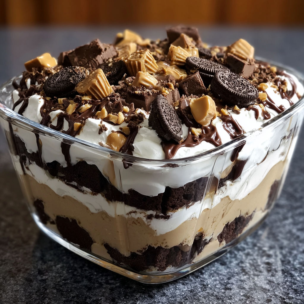 A close up of a delicious dessert, Heaven in a Bowl, with a variety of toppings including chocolate, peanuts, and candy.