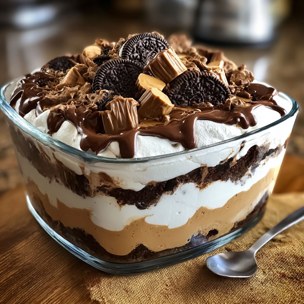 A delicious dessert in a glass bowl, topped with chocolate and Oreo cookies, and drizzled with caramel.