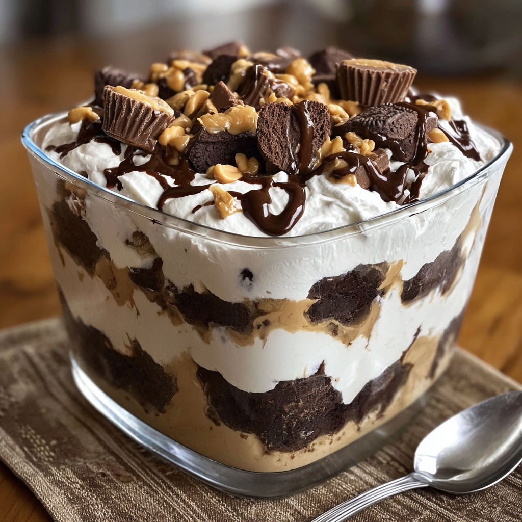 A delicious dessert in a glass bowl, topped with chocolate, peanut butter, and candy.