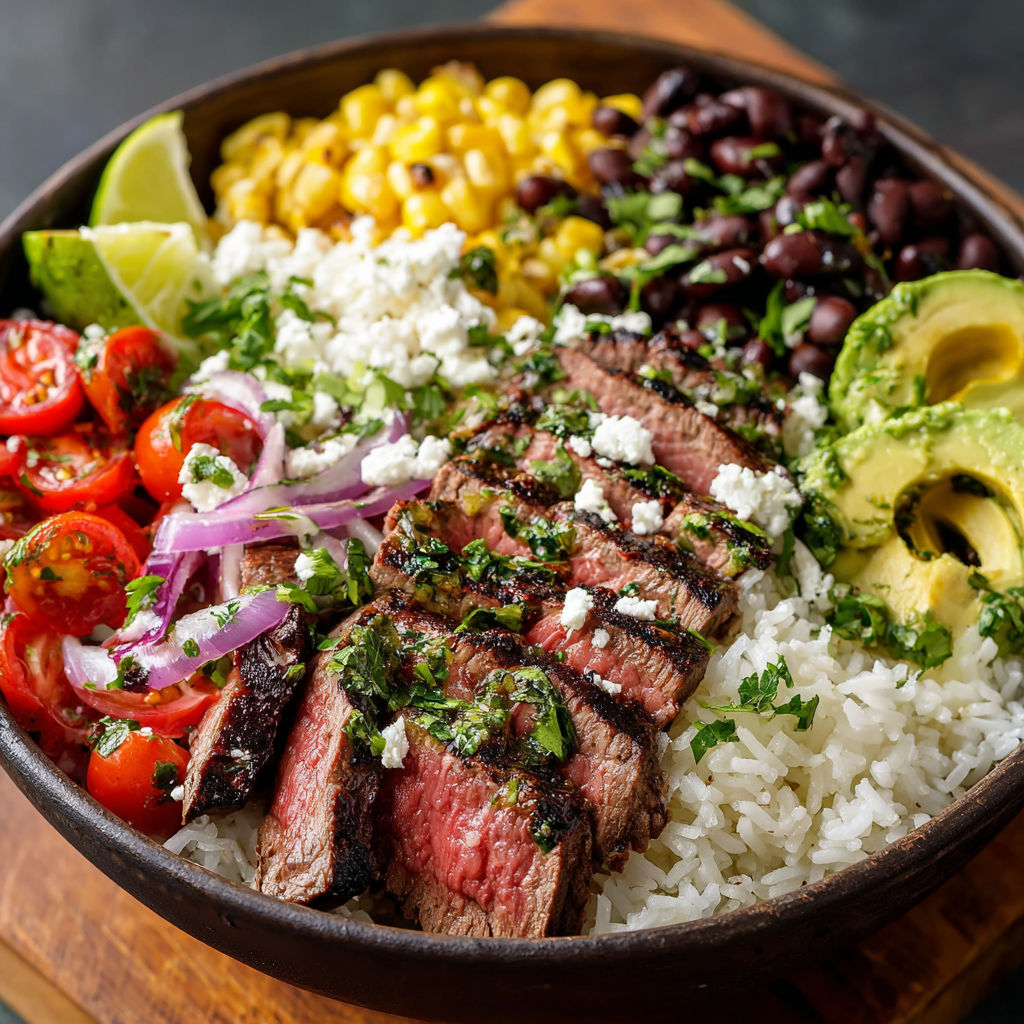 A bowl of food containing steak, rice, and various vegetables, including tomatoes and avocado.