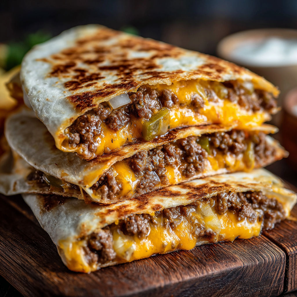 A stack of Smashburger Quesadillas on a wooden cutting board.