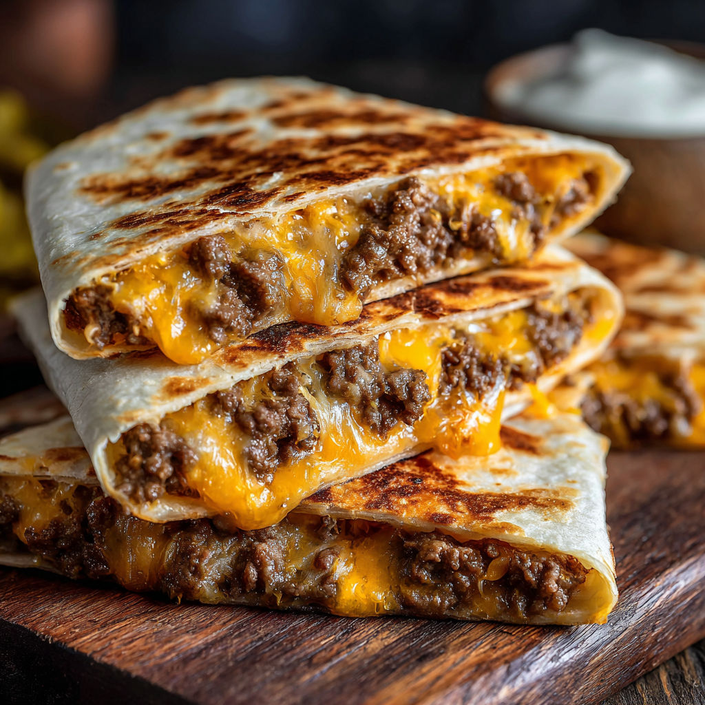 A stack of Smashburger Quesadillas on a wooden cutting board.
