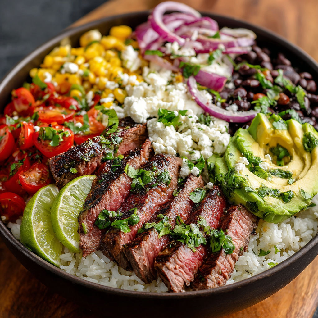 A bowl of food containing meat, rice, and vegetables, including onions and avocado.