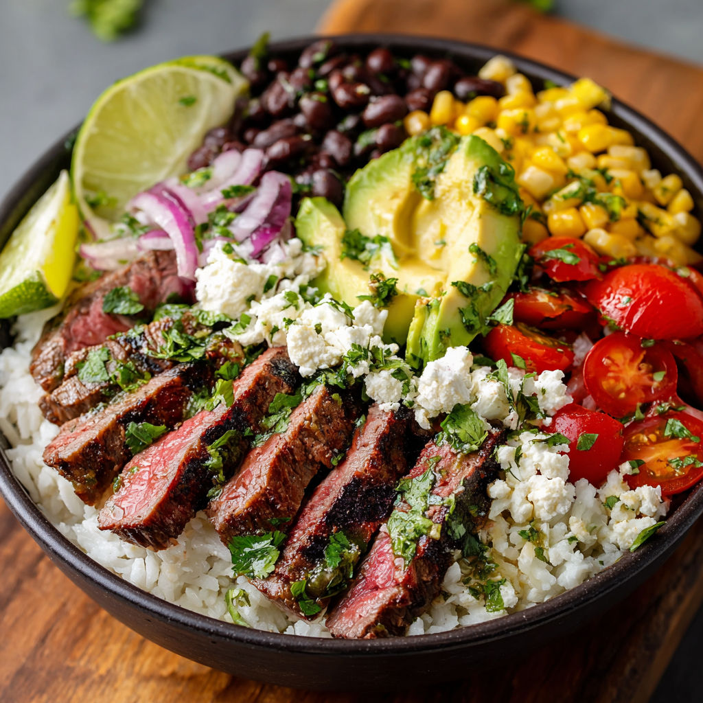 A bowl of food containing meat, rice, beans, corn, tomatoes, and avocado.