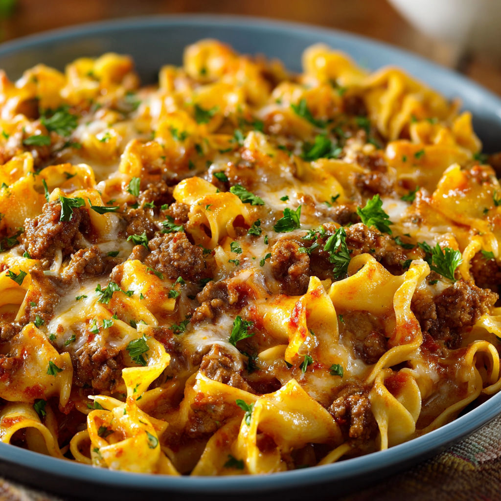 A delicious Sour Cream Beef Casserole is served in a blue bowl.