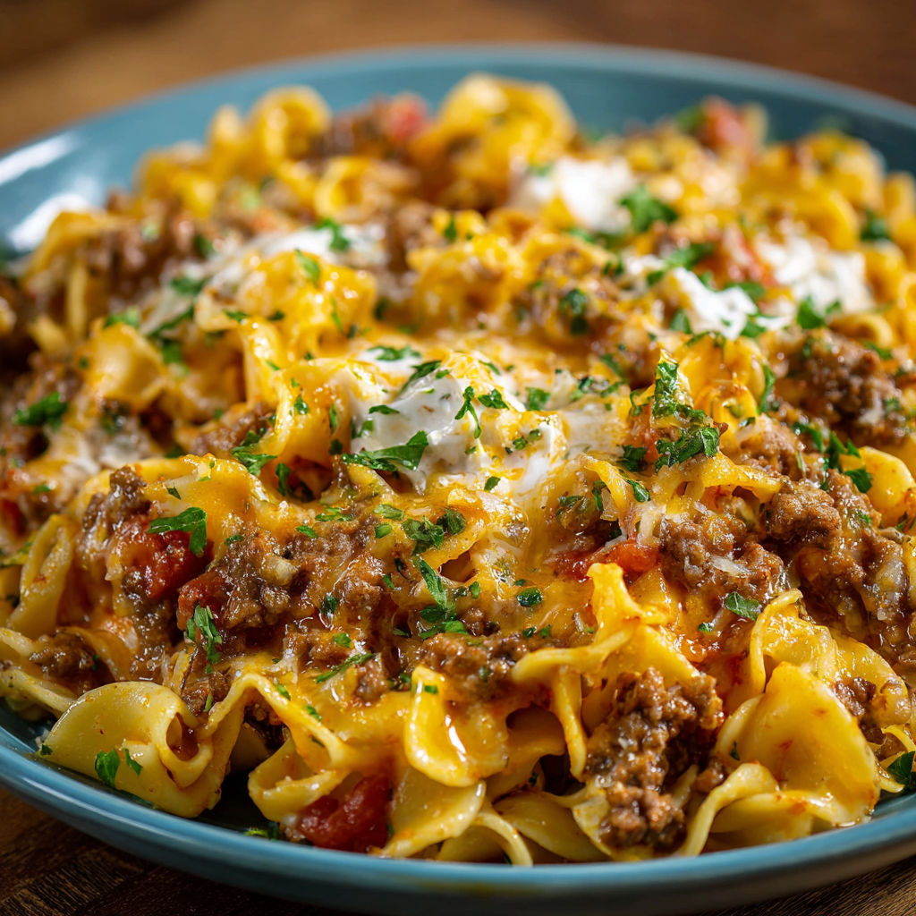 A delicious pasta dish with meat and cheese, served on a blue plate.