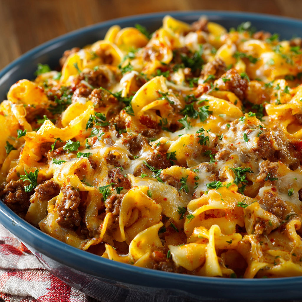 A bowl of pasta with meat and cheese, ready to be served.