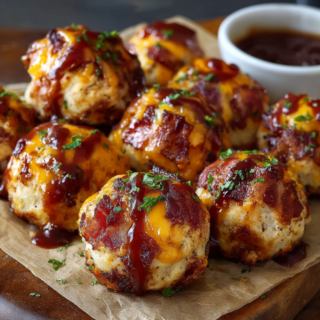 A plate of bacon wrapped appetizers with a dipping sauce.