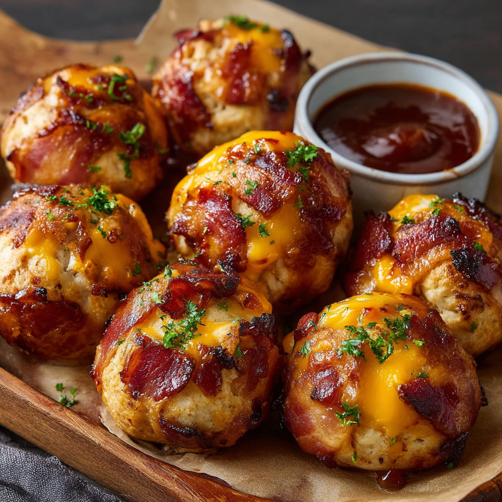 A plate of bacon wrapped cheese balls with a dipping sauce.