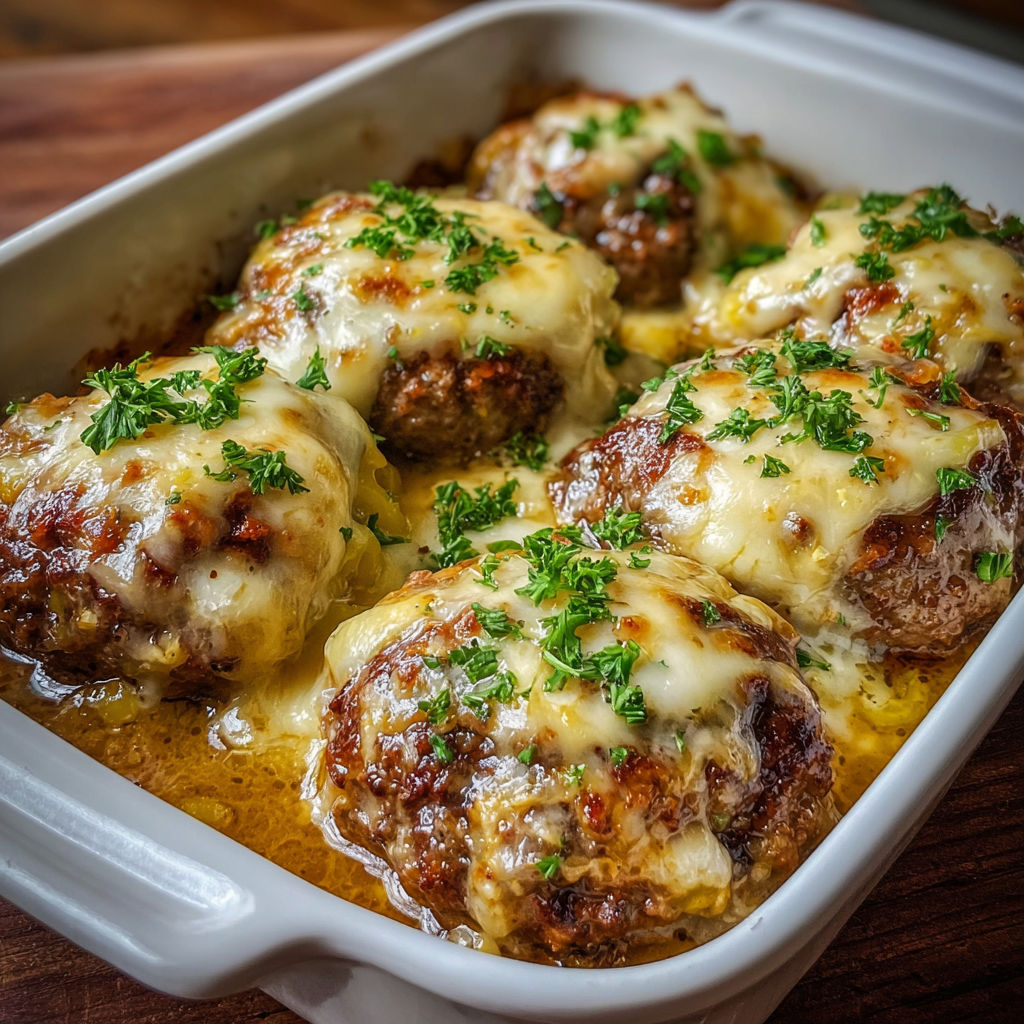 A dish of Amish Hamburger Steak Bake, served in a white bowl.