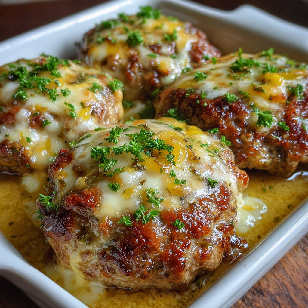 A plate of meat covered in cheese and herbs, likely a chicken dish, is served on a wooden table.