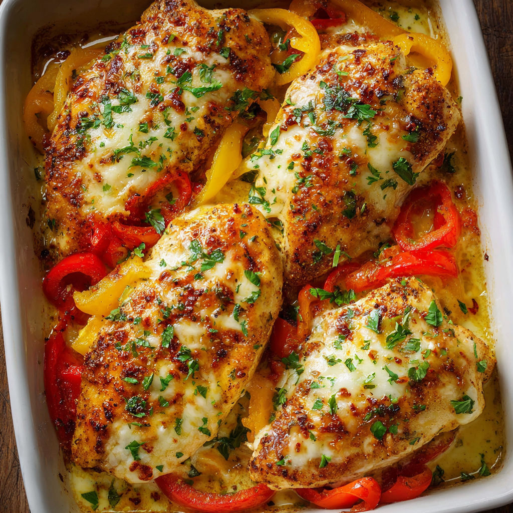 A dish of chicken with peppers and cheese, possibly a chicken parmesan dish.