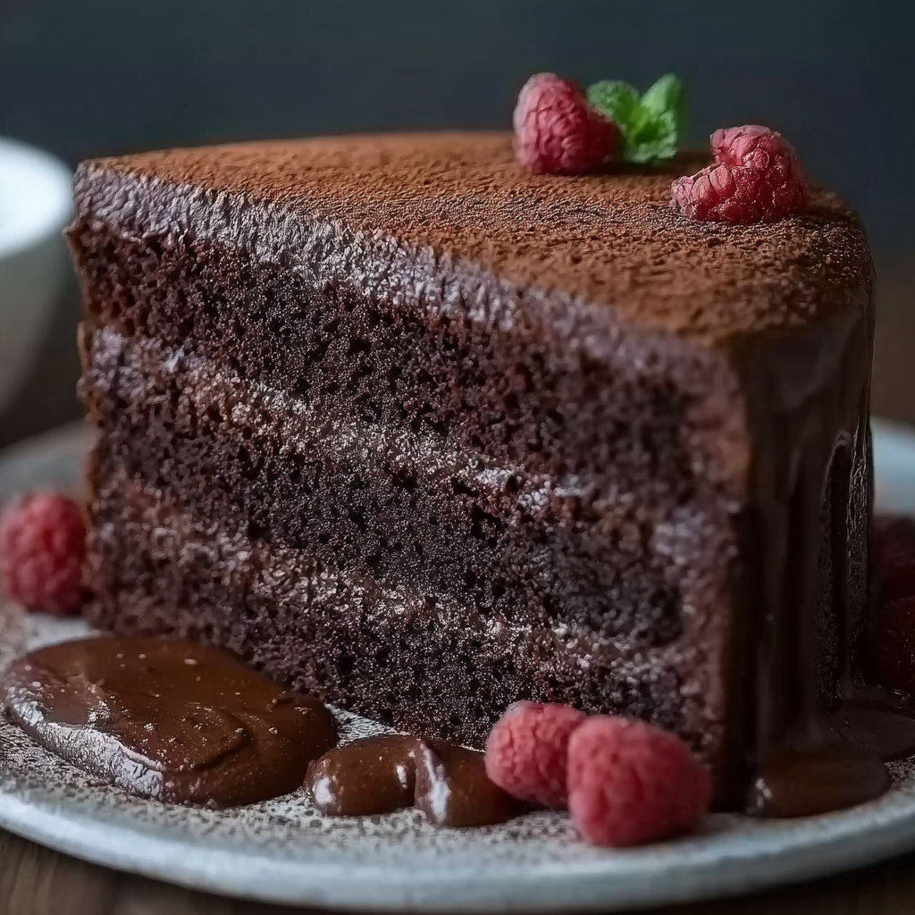 A slice of chocolate cake with raspberries on top, drizzled with chocolate sauce.