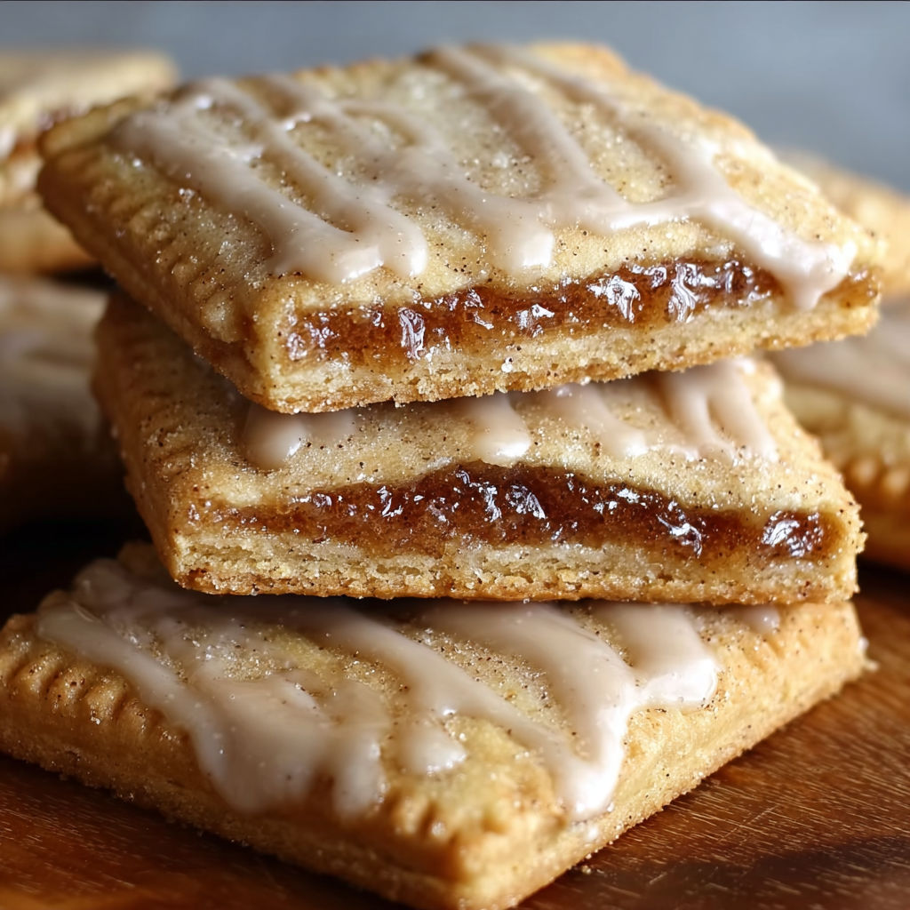 A stack of brown sugar pop tart cookies with a glaze on top.