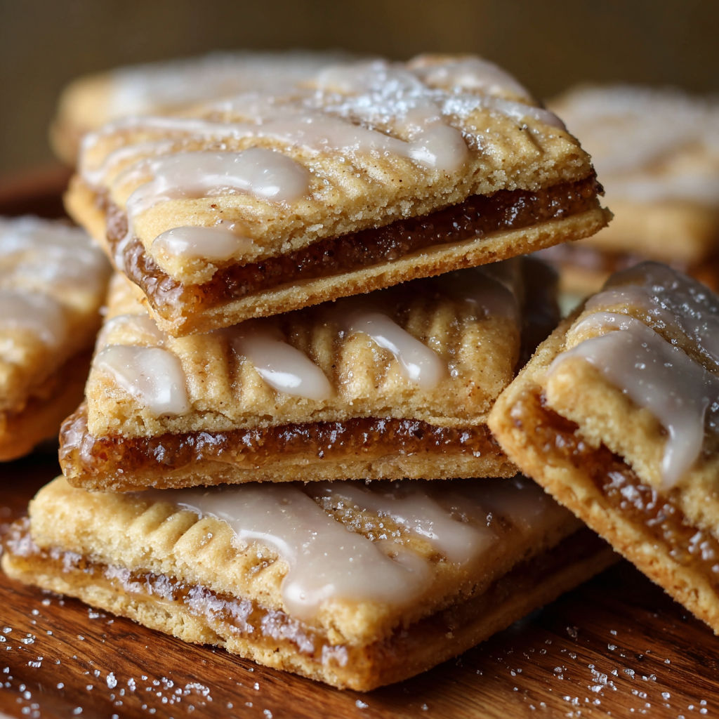 A stack of brown sugar pop tart cookies on a wooden table.