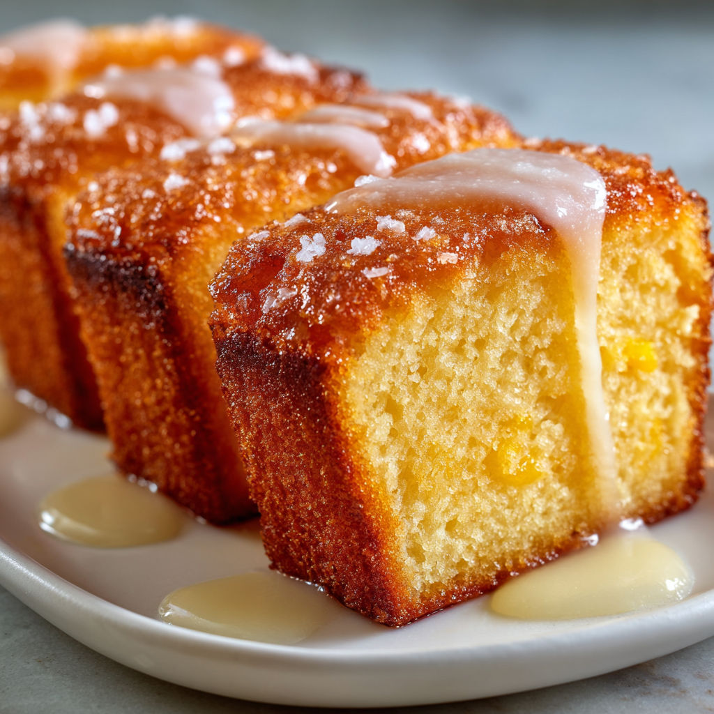 A plate of Peach Cobbler Pound Cake Twinkies with a drizzle of caramel sauce.