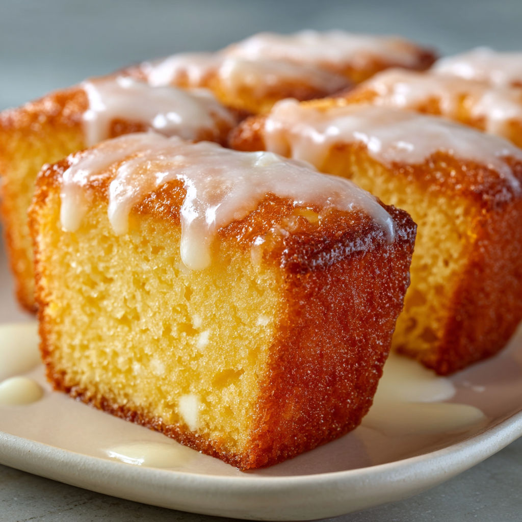 A plate of cake with white icing and drizzled with caramel.