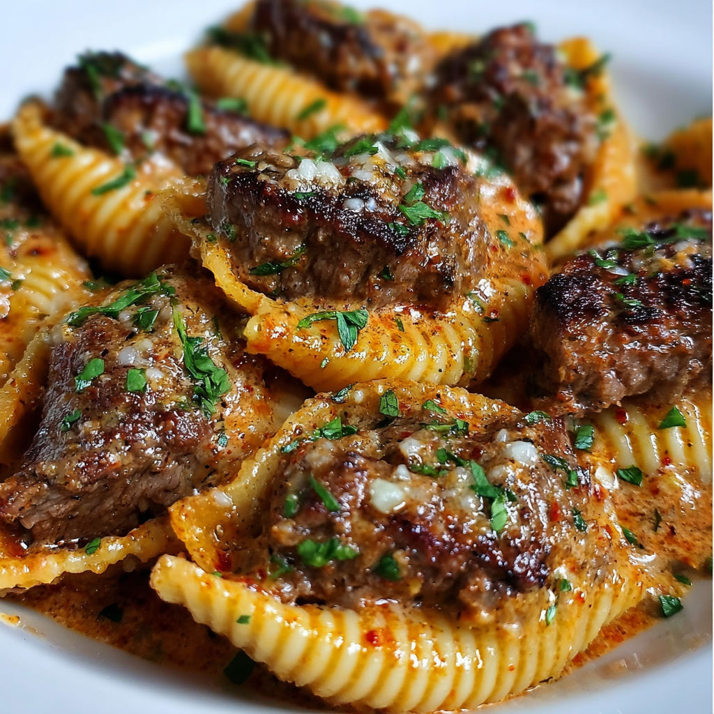 A plate of Creamy Paprika Steak Shells, a delicious and hearty meal.