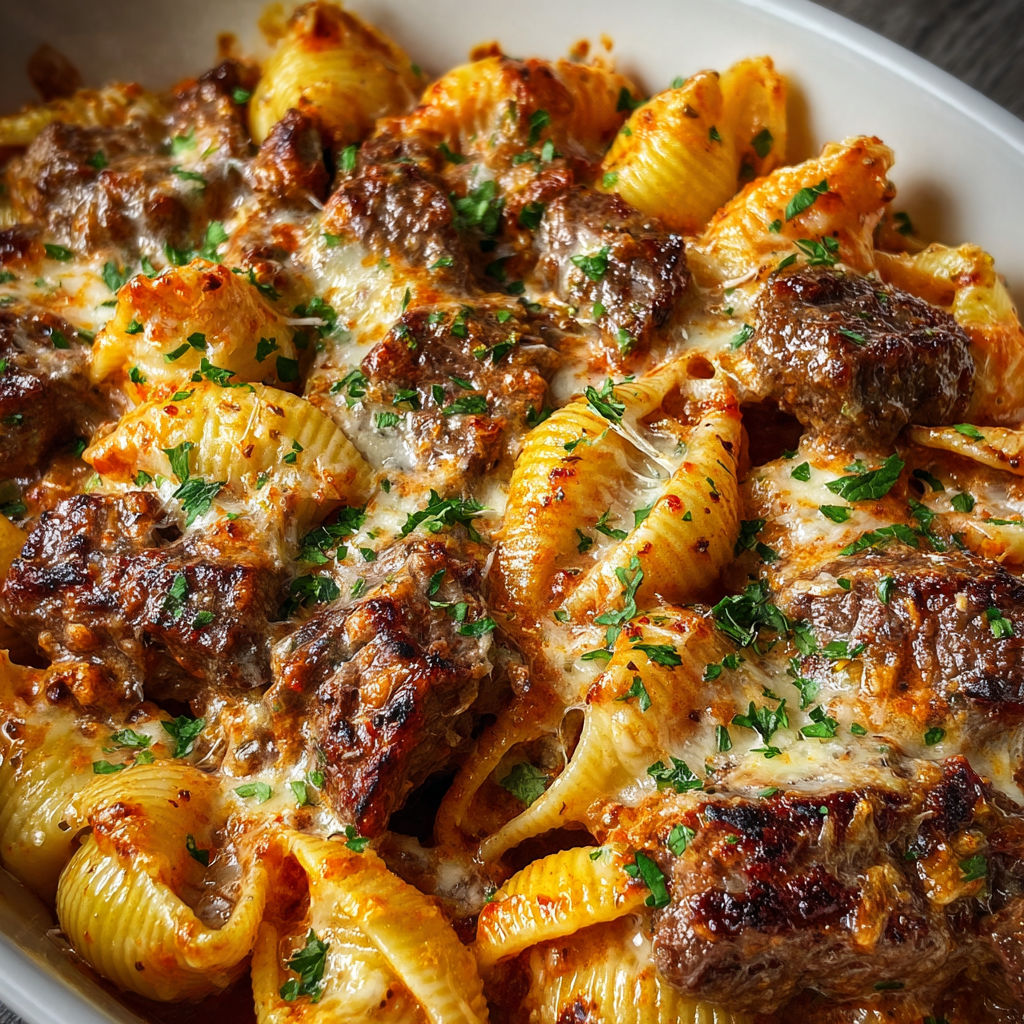 A delicious pasta dish with meat and cheese, likely a beef and cheese pasta bake.
