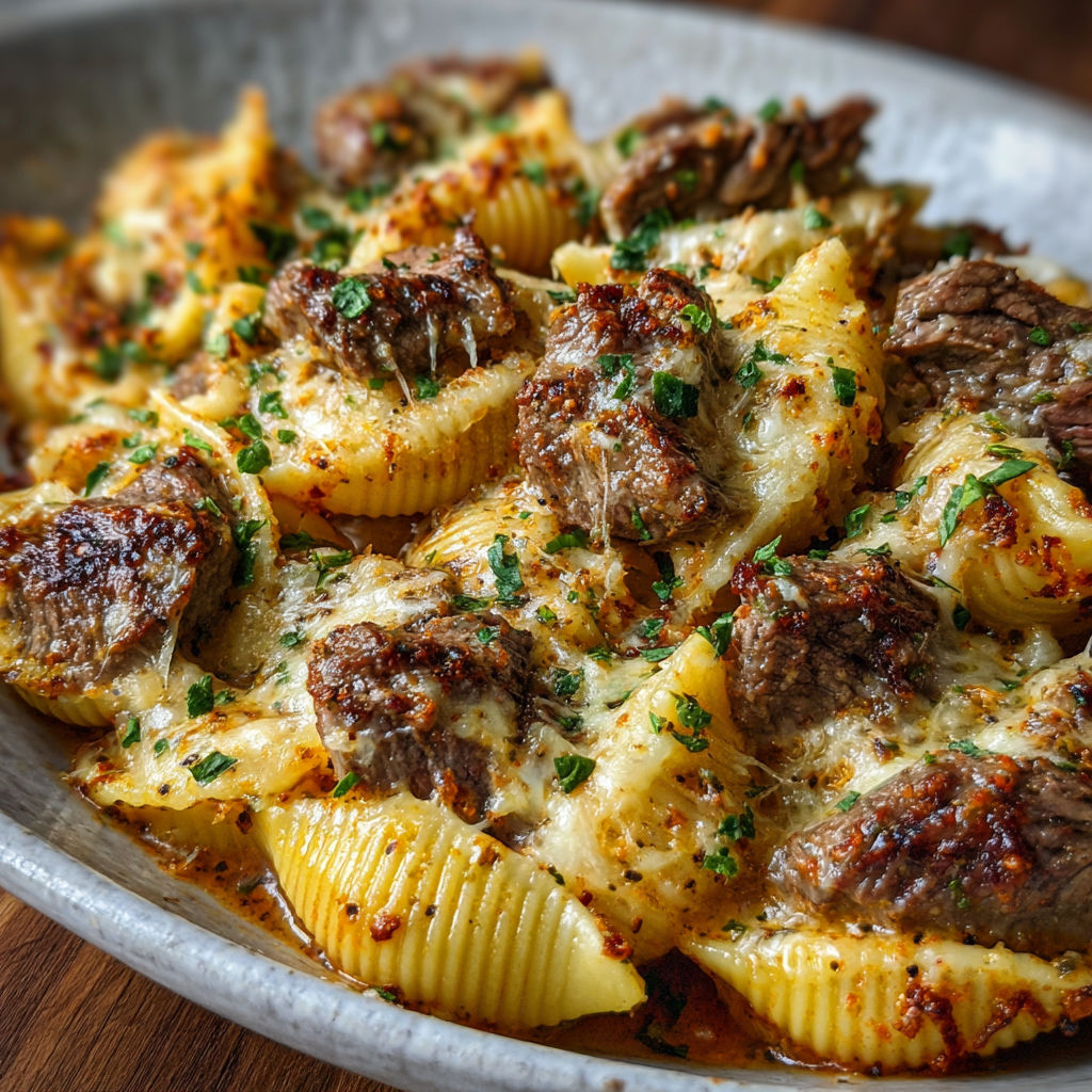A bowl of pasta with meat and cheese, possibly a beef and cheese pasta dish.