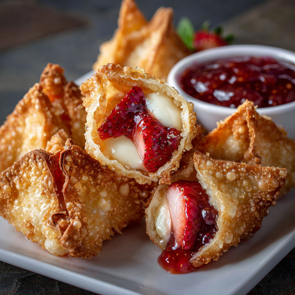 A plate of delicious deep-fried strawberry cheesecake stuffed wonton bites, drizzled with a sweet sauce.