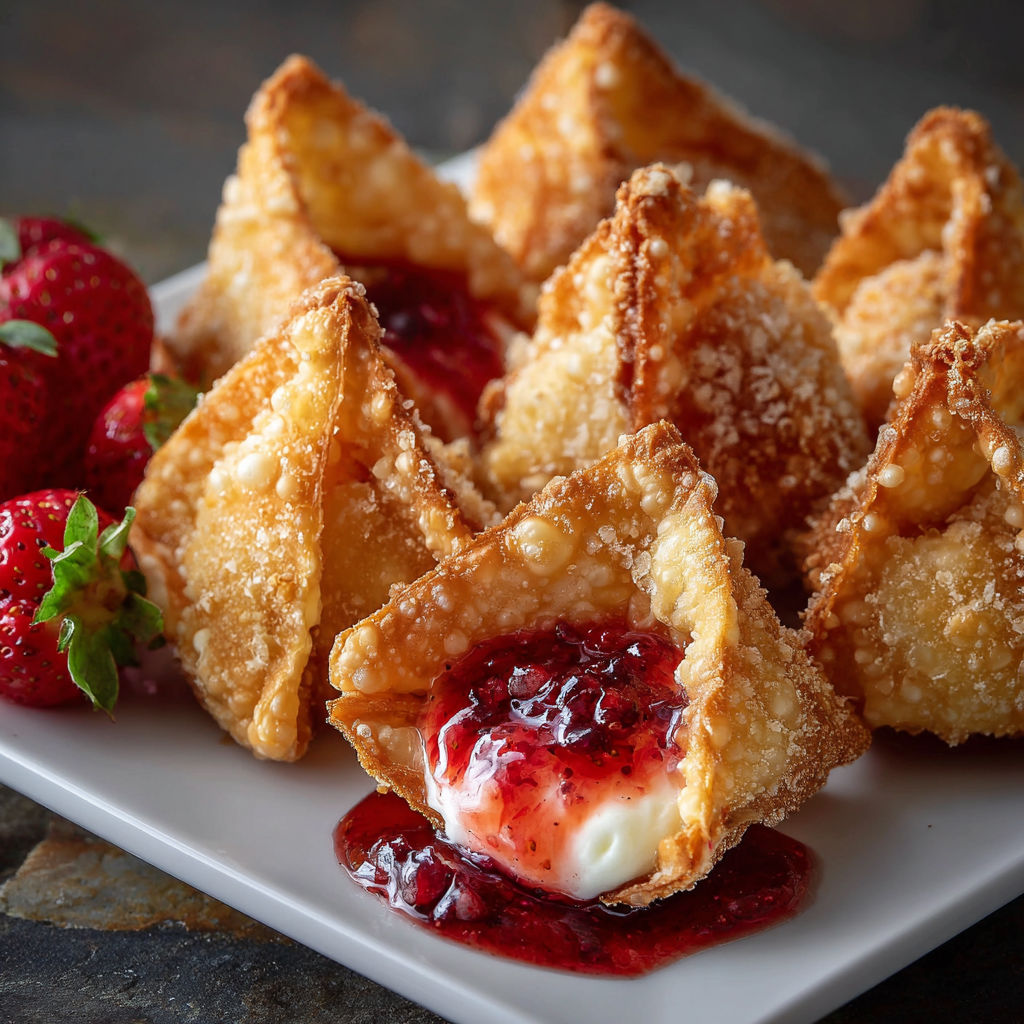 A plate of pastry puffs with strawberries and jelly on top.