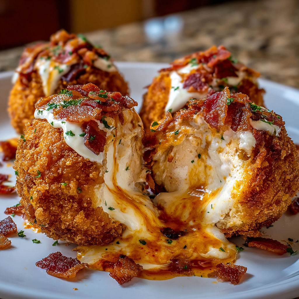 A plate of Buffalo Chicken Bacon Loaded Mozzarella Bombs, drizzled with a rich sauce, is ready to be enjoyed.