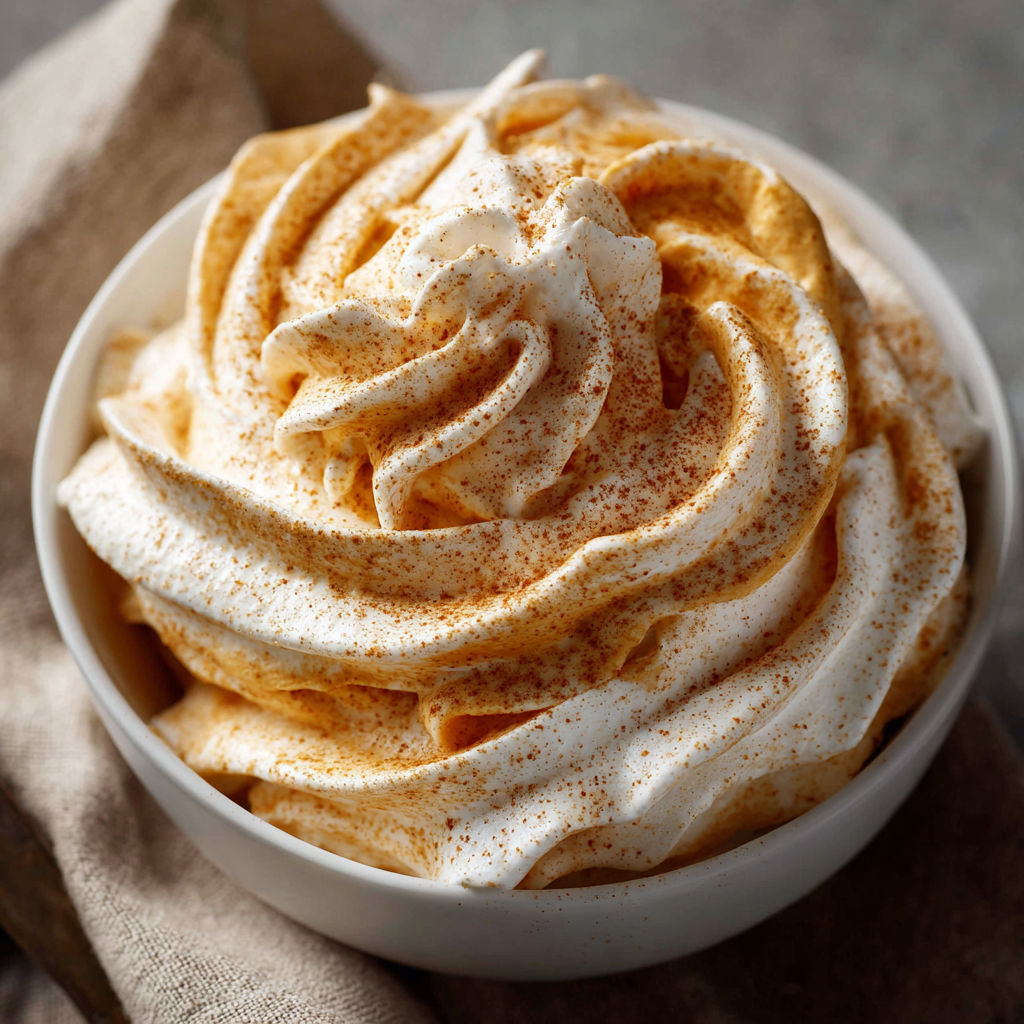 A bowl of Pumpkin Whipped Cream with a spoon inside.