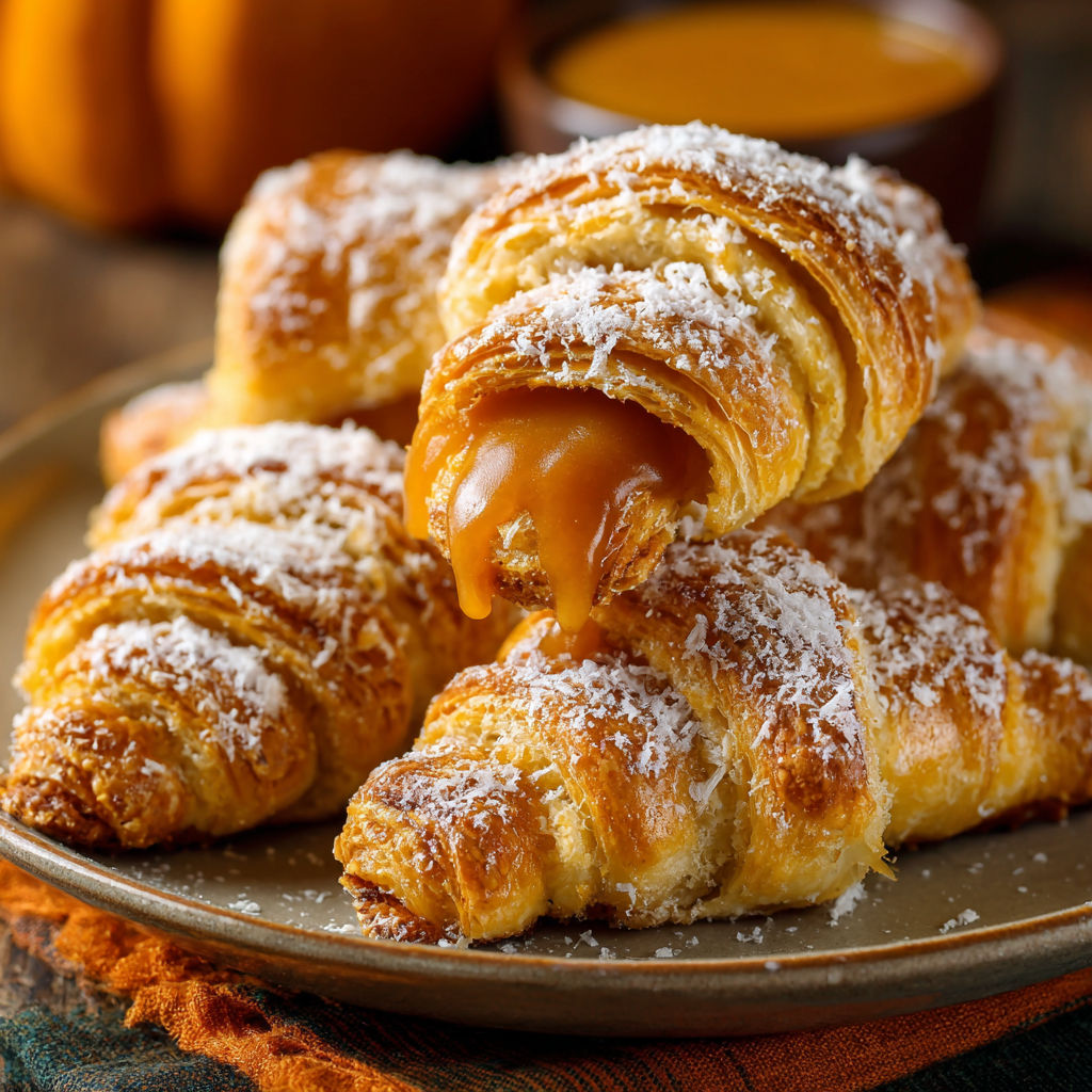 A plate of croissants with a caramel sauce drizzle, ready to be enjoyed.