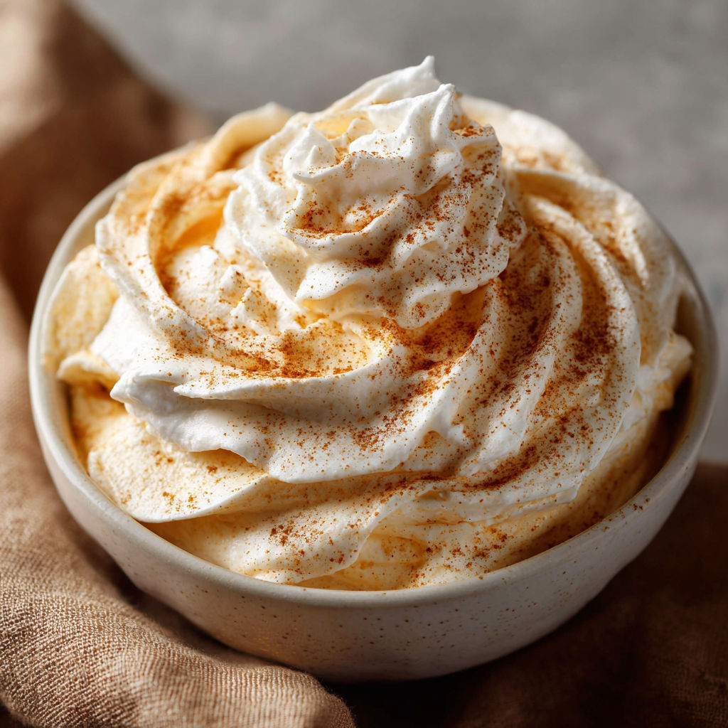 A bowl of whipped cream with cinnamon sprinkled on top.