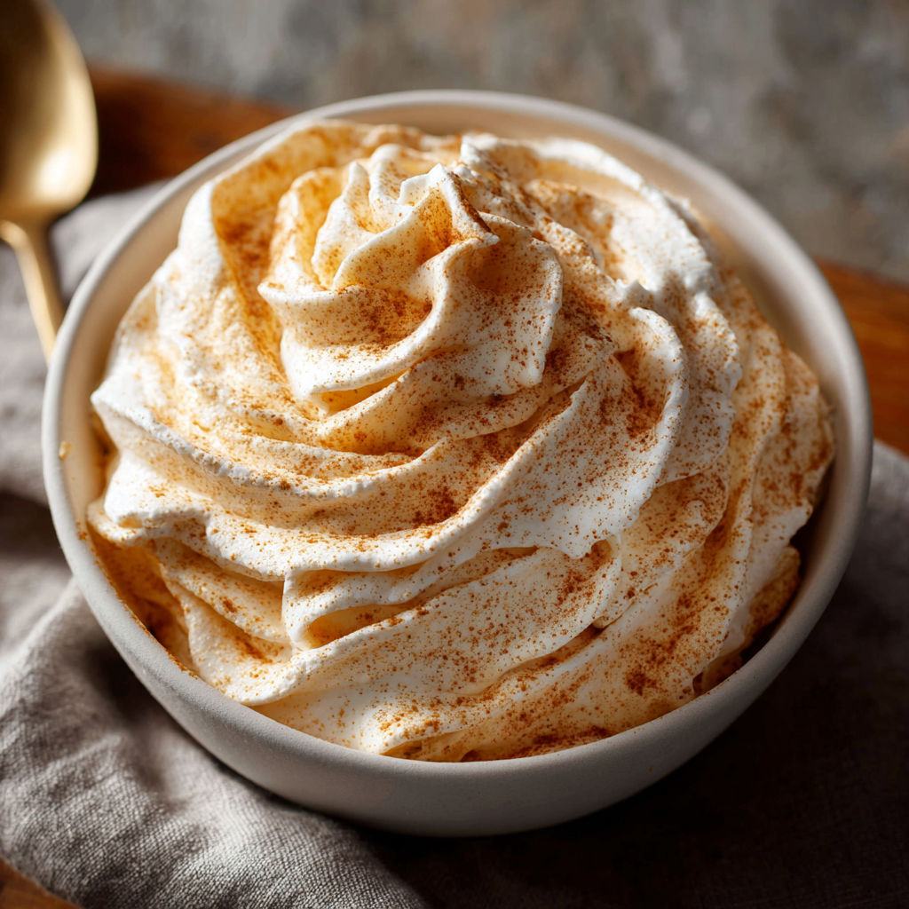 A bowl of whipped cream with a spoon resting on top.