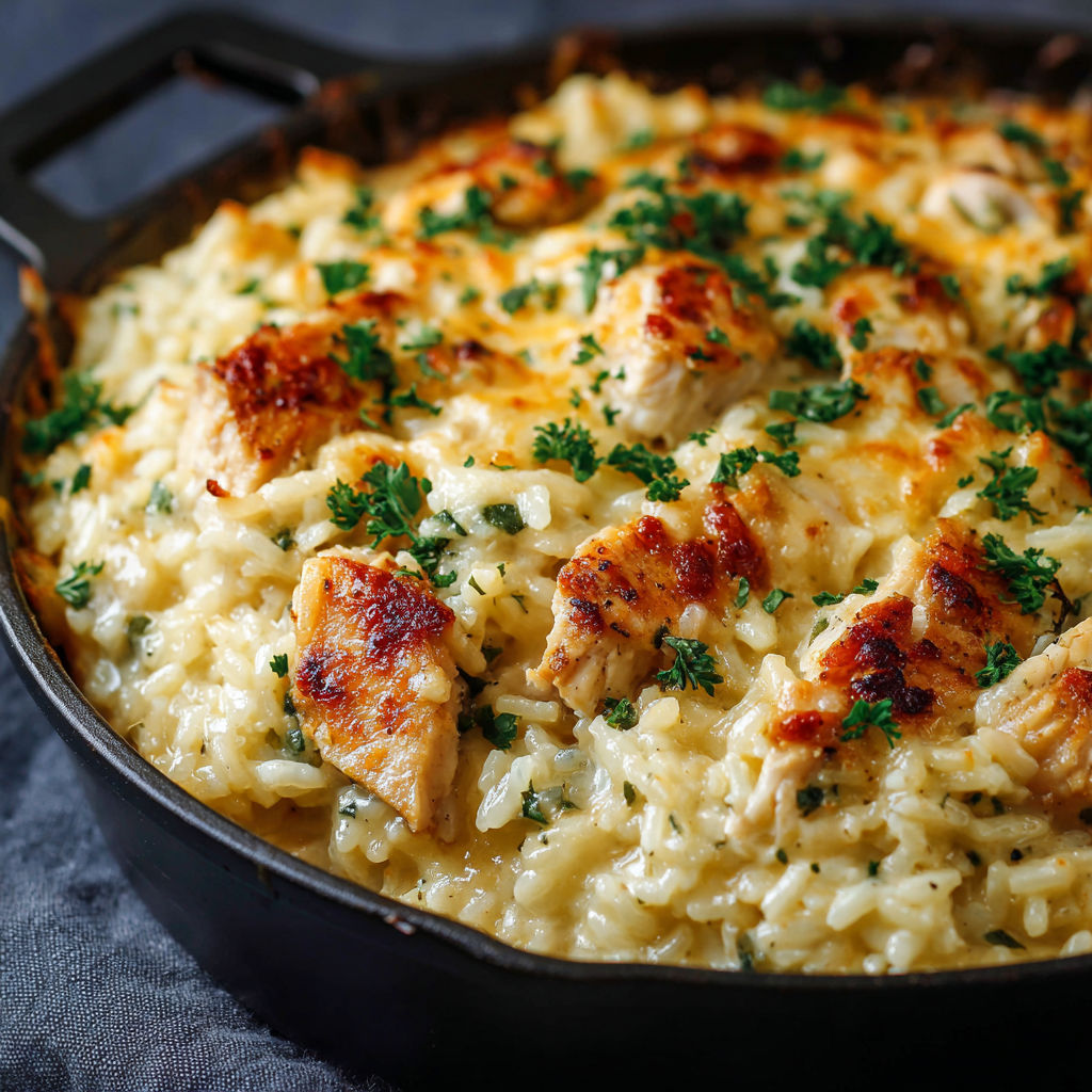 A delicious chicken and rice dish is served in a black pan.
